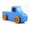 Handmade wooden toy pickup truck painted in baby blue with metallic sapphire blue trim. The truck features non-marring amber shellac wheels and is part of my Play Pal Collection. A close-up shot of the toy truck on a white background. Made to Order.